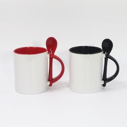 US Warehouse 11oz Sublimation Insert Löffel Keramikbecher Kaffee Tassen Pearlescent Cup mit weißen Griffbechern
