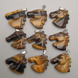 Pendant Necklaces Fashion Natural Tiger Eye Stone Carved Animal Horse Heads Charms Pendants For Jewelry Making 6pcs/lot Wholesale