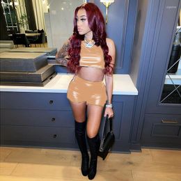 Women's Tracksuits 2022 Summer Solid Colour Open Back T-shirt Top Mirror Pu Leather Shorts Sexy Nightclub Suit