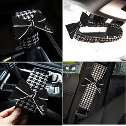 Interior Accessories 1pc Classic Plaid Bowknot Universal Car Gear Shifter Handbrake Cover Auto Seat Belt Case Decor For Women