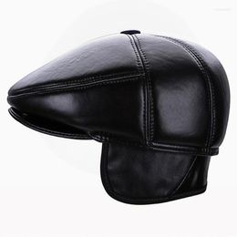 Berets Male Genuine Leather Hat Men's Sheepskin Visor Ear Protection Cap Winter Warm Father Peaked B-7142