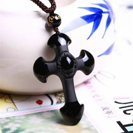 Pendant Necklaces Natural Stone Obsidian 52 35mm Black A Carved Cross Fine Carving Handwork Mascot Amulet Lucky Necklace