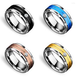 Wedding Rings Fashion 8mm Men's Double Groove Beveled Stainless Steel Ring Black Brushed Inlay Zircon Band Jewelry Gift