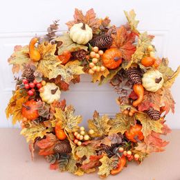 Christmas Decorations 50cm Artificial Autumn Wreath Decoration Maple Pine Cone Pumpkin Door Halloween Thanksgiving Garland Decor 220909