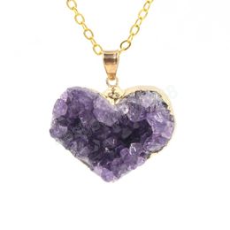 Natural Quartz Stones Pendants for Women Gold Colour Heart Suspension Raw Amethysts Cluster Purple Crystal Pendant Lovers Jewellery without chain