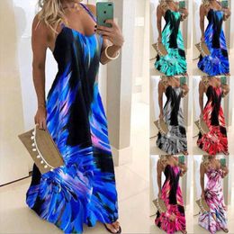 Casual Dresses Women Summer V Neck Print Long Dress Sexy Spaghetti Strap Loose Party Plus Size Boho Beach 5XL1