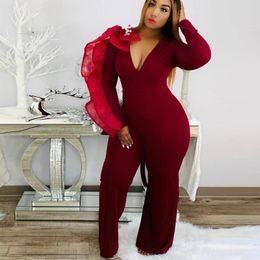 Pants ZJFZML ZZ Women Clothing Jumpsuit Plus Size Black Burgundy Cascading Ruffles Long Sleeve Flare Rompers Drop Wholesale