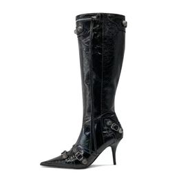 Cagole belt buckle decoration knee high boots women's leather side zipper pointed sexy fashion luxury designer factory shoes walk show banquet boots