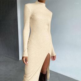 Casual Dresses Ladies Knit Dress High Split Stand-up Collar Long Sleeve Solid Slim Basic Sweater 2022 Fashion Skirt
