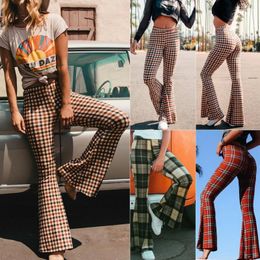 Women's Pants Women's & Capris Women Vintage High Waist Bell Bottom Plaid Long Flare Female All-Match Green Stretch Bell-Bottom Boho