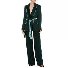 Women's Two Piece Pants Women's Green Satin Shawl Lapel Double-breasted Women Slim Fit Suits Work Office Ladies Professional Trouser 2