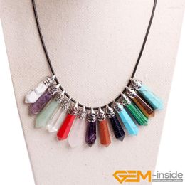 Pendant Necklaces 10X38MM Colourful Hexagonal Natural Stone Leather Necklace Jewellry 18 Inches For Women Handmade