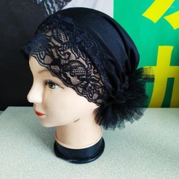 Ethnic Clothing Black Lace Under Scarf Cap Big Flower Hijab Volumizer Scrunchie Stretchy Inner Hijabs Muslim Headscarf Bonnets Turbante Muje