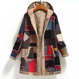 Women's Wool Women's & Blends Winter Vintage Women Coat Warm Printing Thick Fleece Hooded Long Jacket With Pocket Ladies Outwear Loose