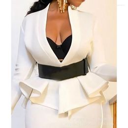 Work Dresses Wepbel Skirt 2 Piece Sets Outfits Pencil Women Business Dress White Long Sleeve Ruffled Deep V Coat Suit