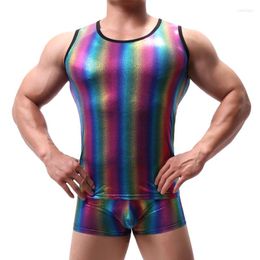 Men's Tank Tops 2022 Sexy Fashion Men Brand Rainbow Shiny Nylon Gay Male Vest Undershirt Singlets Perform Costume Erotic Underwear