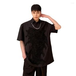 Men's Casual Shirts Men's Summer Men Patch Design Lapel Metal Chain Pullover Short Sleeve Shirt Male Japan Korean Ins Style Fashion