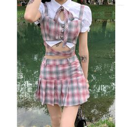 Work Dresses Japanese Summer Fashion Three-Piece Set Women Outfit Sexy Short Patchwork Plaid Vest Top Korean High Waist Mini Skirt Sets 2022