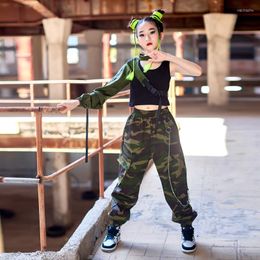 Stage Wear Girls Jazz Dance Camouflage Suit Children Navel Single Sleeved Hiphop Pants Performance Catwalk Costume Clothes DN11855