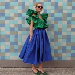 Skirts Royal Blue Serge Skirt High Waist Midi Women Pleated Long Ruffles A-Line Mid-Calf Customised Green Top