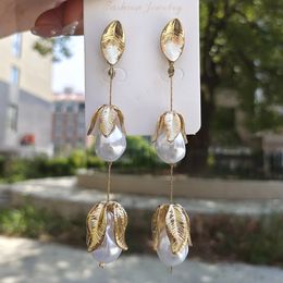 Artificial Pearl and Petal -Shaped Dangle Earrings For Women Gold Color Metal Flower Pearl Long Earring Jewelry