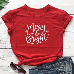 Women's T Shirts Merry Bright Funny Graphic Fashion Casual Short Sleeve Top Tee Streetwear Kawaii Female Clothing Cotton Round Neck Women