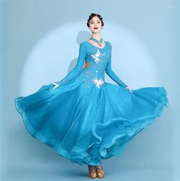 Stage Wear Blue Standard Ballroom Dance Dresses Women Long Sleeve Advanced Tango Dress Waltz Competition Dancing Skirt Adult