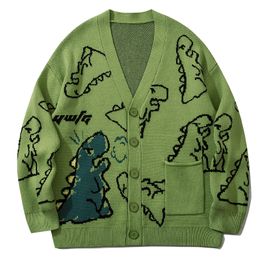 Men s Sweaters LACIBLE Dinosaur Graffiti Pattern Knit Cardigan Men Women Streetwear Harajuku Casual Loose Knitted 220909