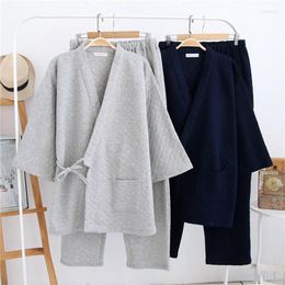 Men's Sleepwear Autumn And Winter Japanese Kimono Pajamas Men'S Novelty Cotton Air Layer Quilted Home Service Cardigan Lace