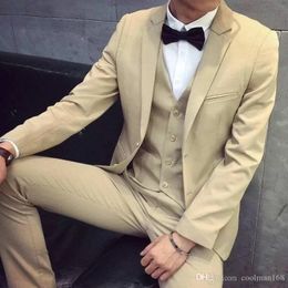 Fashion Beige Groom Tuxedos Notch Lapel Groomsmen Mens Wedding Dress Excellent Man Jacket Blazer 3Piece Suit Jacket Pants Vest