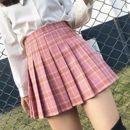 Skirts Pink Plaid Pleated Short Skirt Plus Size Mini A-Line White School Clothes Kawaii Black High Waist Casual 2022 Women