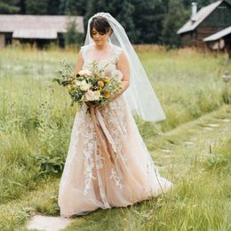 Wedding Dress Sleeveless Champagne Dresses O-Neck Appliques A Line Lace Corset Back Brides Married Gowns Formal Vestido De Novia 2022