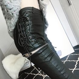 Women's Pants Women's & Capris Punk Fashion Zippers Tied Womens PU Leather High Waist Slim Fit Female Trousers Pencil Women