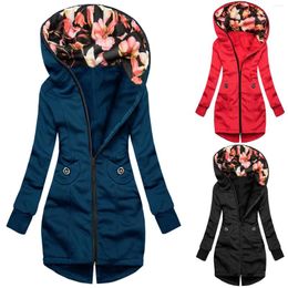 Women's Jackets Winter Warm Long Coat Top Jacket Women Fashion Floral Print Zipper Pocket Sweatshirt Sleeve