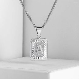 Pendant Necklaces Silver Colour Square Initial Letter Necklace For Men Women A- Z 26 Alphabet Charm Stainless Steel Box Chain 18-22 Inch