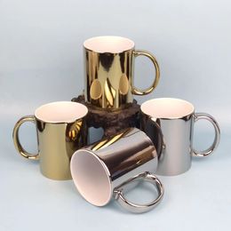 US warehouse 11oz sublimation plating coffe mugs Pearlescent ceramic mugs with silver and gold handle cups