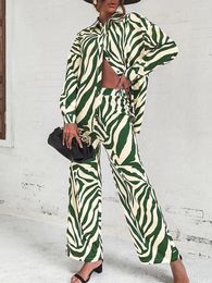 Women's Two Piece Pants Turn Down Collar Tops Women Casual Suit Striped Print Elegant Femme Streetwear 2022 Autumn Long Sleeve Pieces Set