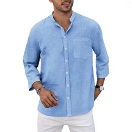 Men's Casual Shirts Black Mid Neck Long Sleeve Mens Fashion Cotton And Linen Buckle Solid Colour Nine Shirt Top