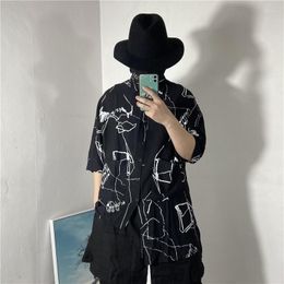 Men's Casual Shirts Men's Mens Gothic Shirt Summer Half Sleeve Asymmetrical Harajuku Linen Loose Fit Thin Section Button Up Printed