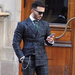 Men's Suits Men's & Blazers Fashion Plaid Mens Peaked Lapel 2 Piece Jacket Pants Set Double Breasted Wedding Groom Tuxedo Business