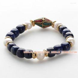 Strand Vintage Style Lapis Pearl Tibetan Bead Bracelet With Golden Colour Metal Donut