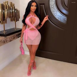 Casual Dresses Wishyear 2022 See Through Night Club Sexy Outfits For Womens Summer Chic Pink Mesh Crystal Swim Dress