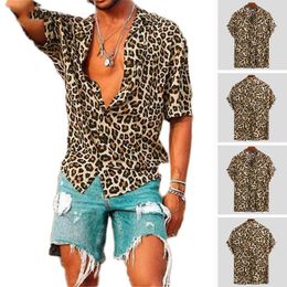 Men's Casual Shirts Men's Summer Short Sleeve Leopard Print Shirt Men Lapel Neck Loose Button Up Blouse Breathable Streetwear Sexy