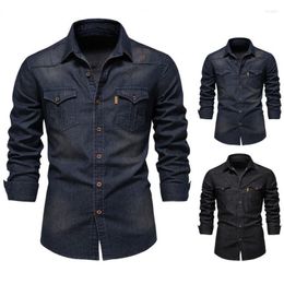 Men's Casual Shirts Men's Men Denim Shirt Long Sleeve Jeans Single Breasted Turn-down Collar