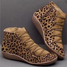 Boots Brand Women's Ankle Casual Women Winter Leopard Print Wedges Flat Booties Warm Shoes Botas De Mujer 220909