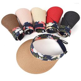 Wide Brim Hats Printing Collapsible Summer Sun Protection Outdoor Empty Top Hat Adjustable Women Shading Straw Visor Cap