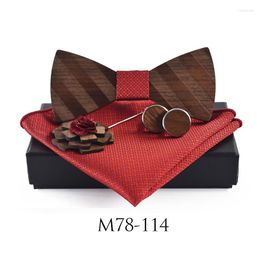 Bow Ties Claasic Wooden Tie Set For Mens Wood Bowtie Handkerchief Cufflinks Brooch Sets Men Wedding Gifts With Box