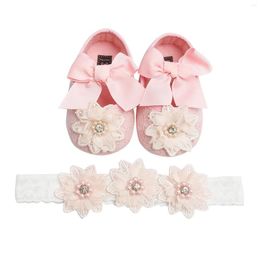 First Walkers 0-18 Month Lace Crib Shoes Suits Infant Toddler Baby Girls Prewalker Bowknot Flower Princess Headband Set