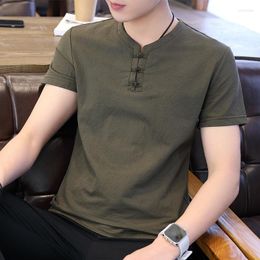Men's T Shirts Men Short Shirt Summer 2022 Fashion Chinese Style Linen V-Neck Casual Black White Green Tops Tees
