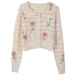 Women's Knits Runway Designer Sexy Cute Hollow Short Knit Cardigans Clothes Women 2022 Autumn Lapel Folral Embroidery Sweater Fashion